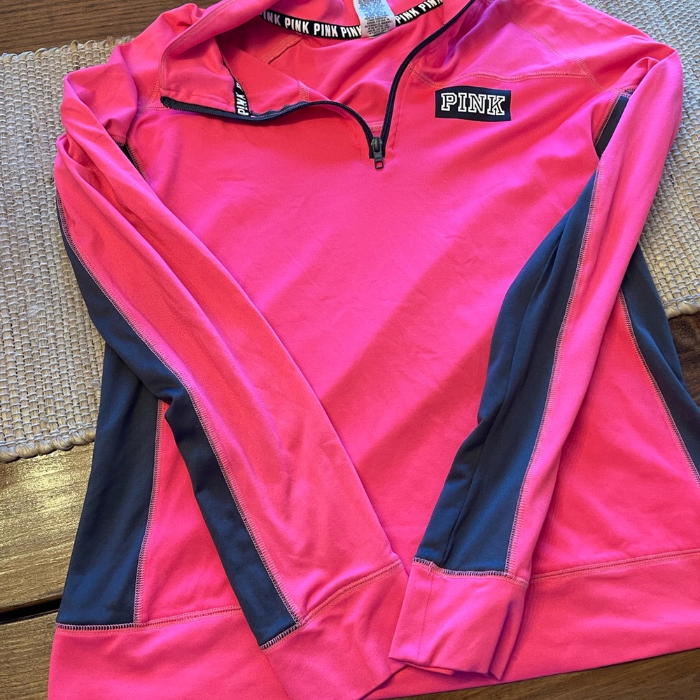 PINK Victoria's Secret Hot Pink Half-Zip Pullover with Navy Trim